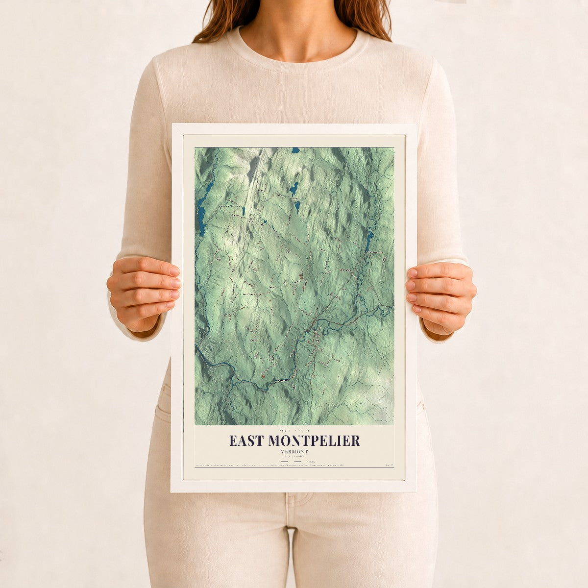 East Montpelier, Vermont map print - 12 x 18 white Ayous wood frame