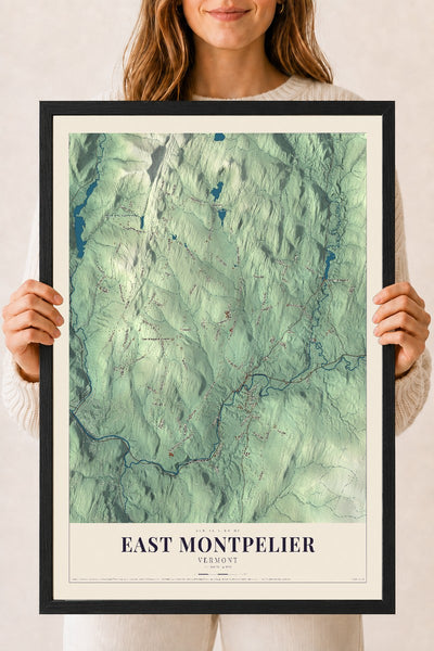 East Montpelier, Vermont map print - 18 x 24 black Ayous wood frame