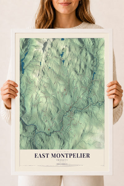 East Montpelier, Vermont map print - 18 x 24 white Ayous wood frame
