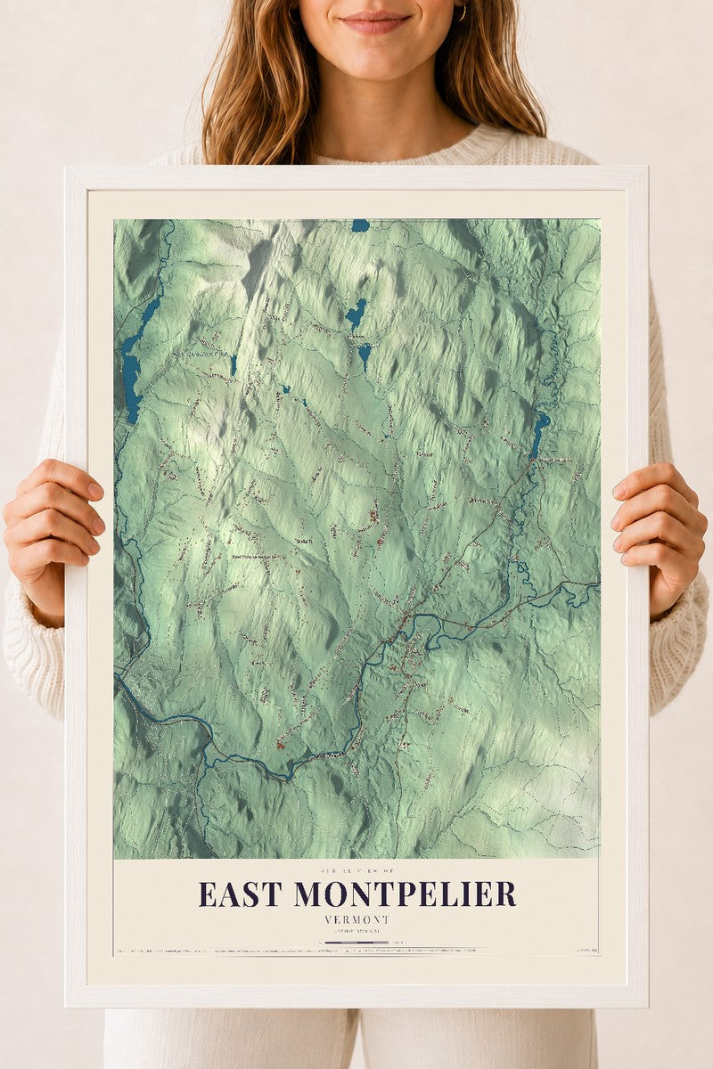 East Montpelier, Vermont map print - 18 x 24 white Ayous wood frame