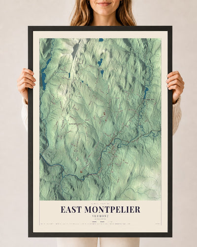 East Montpelier, Vermont map print - 24 x 36 black Ayous wood frame