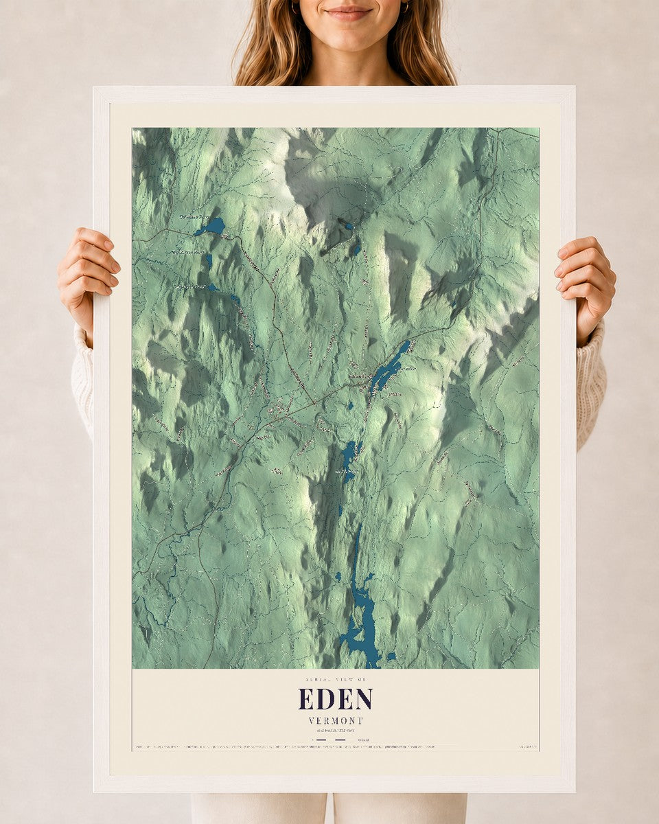 Eden, Vermont map print - 24 x 36 white Ayous wood frame