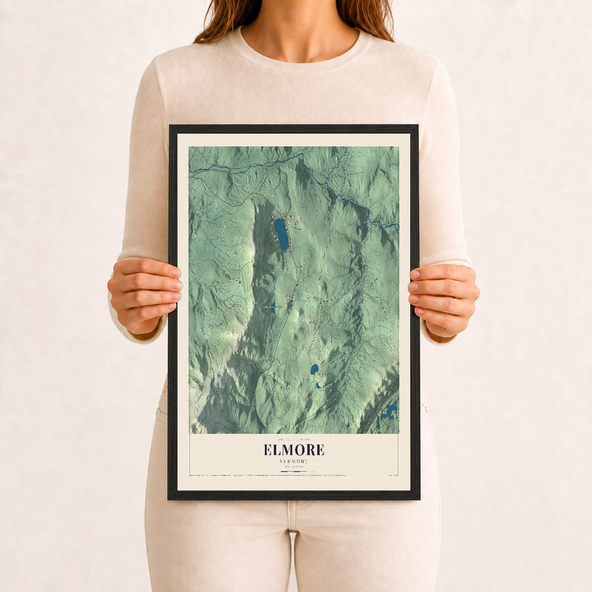 Elmore, Vermont map print - 12 x 18 black Ayous wood frame