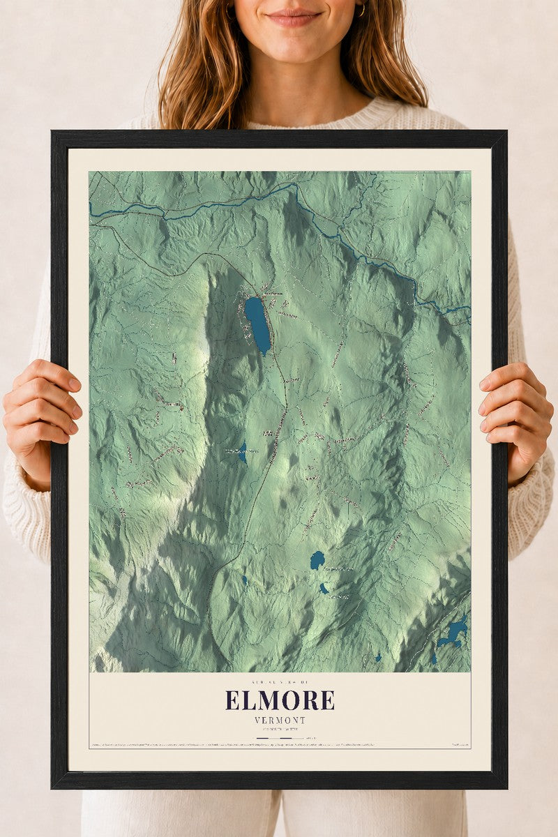 Elmore, Vermont map print - 18 x 24 black Ayous wood frame