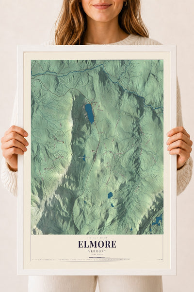 Elmore, Vermont map print - 18 x 24 white Ayous wood frame