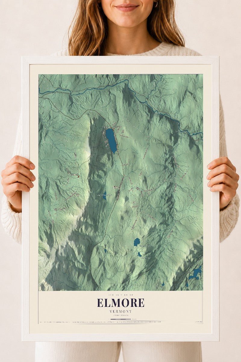 Elmore, Vermont map print - 18 x 24 white Ayous wood frame