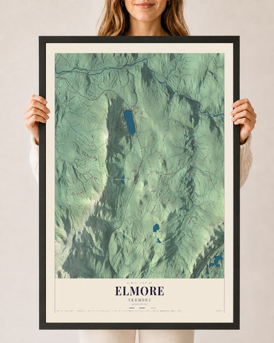 Elmore, Vermont map print - 24 x 36 black Ayous wood frame