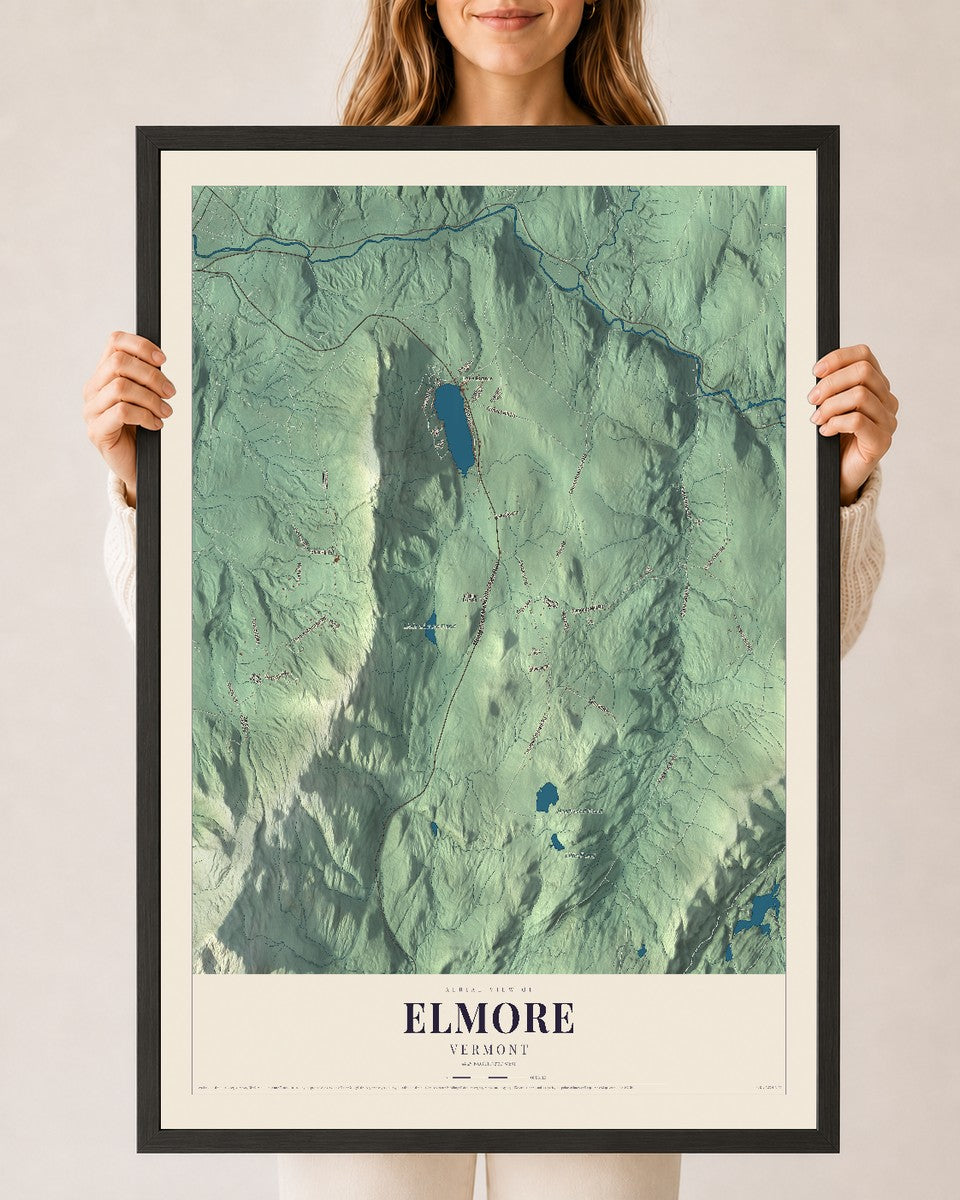 Elmore, Vermont map print - 24 x 36 black Ayous wood frame