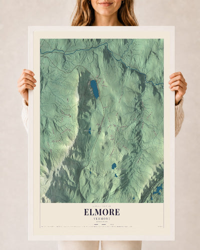 Elmore, Vermont map print - 24 x 36 white Ayous wood frame