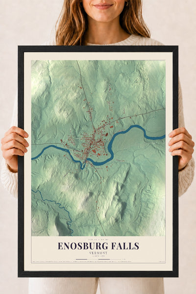 Enosburg Falls, Vermont map print - 18 x 24 black Ayous wood frame