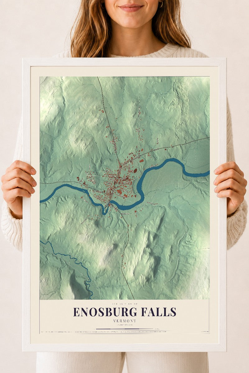 Enosburg Falls, Vermont map print - 18 x 24 white Ayous wood frame