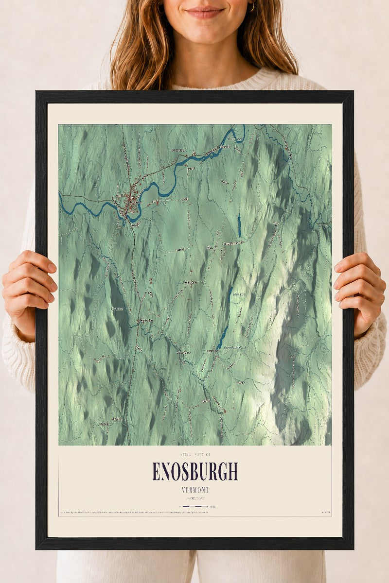Enosburgh, Vermont map print - 18 x 24 black Ayous wood frame