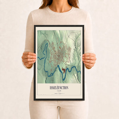 Essex Junction, Vermont map print - 12 x 18 black Ayous wood frame