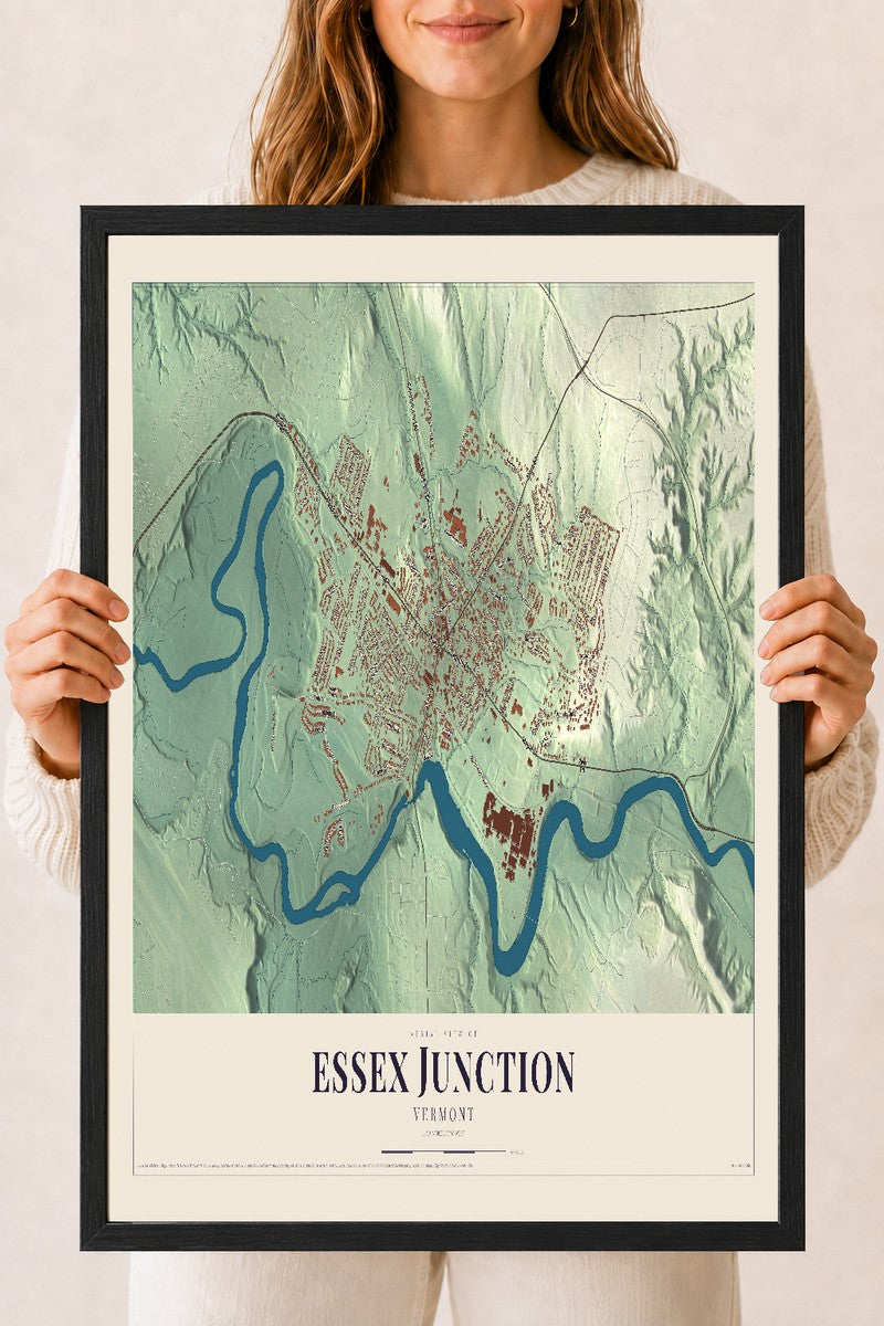 Essex Junction, Vermont map print - 18 x 24 black Ayous wood frame