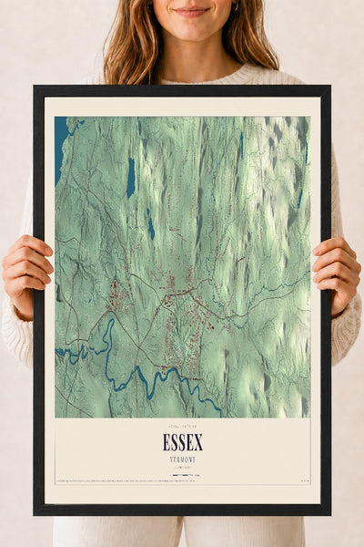 Essex, Vermont map print - 18 x 24 black Ayous wood frame