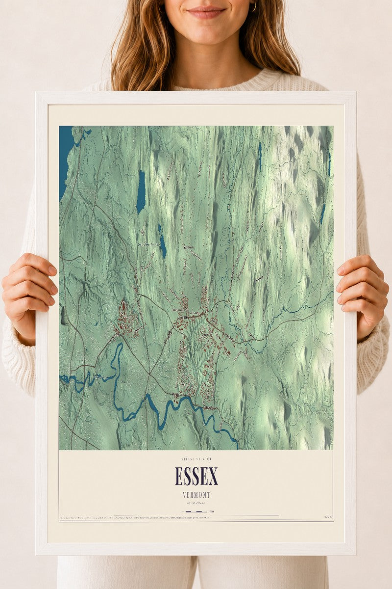 Essex, Vermont map print - 18 x 24 white Ayous wood frame