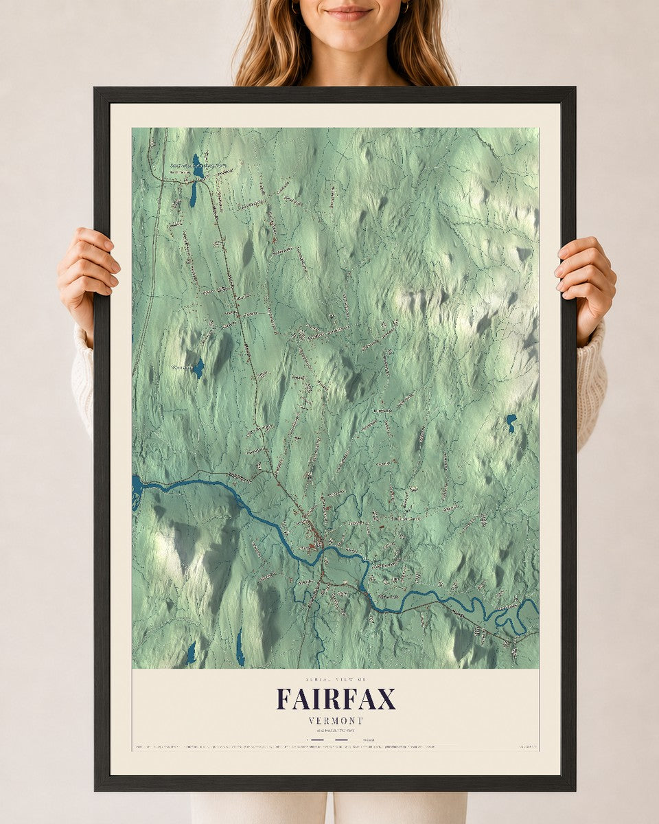 Fairfax, Vermont map print - 24 x 36 black Ayous wood frame