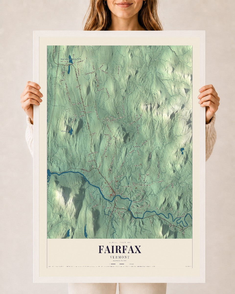 Fairfax, Vermont map print - 24 x 36 white Ayous wood frame