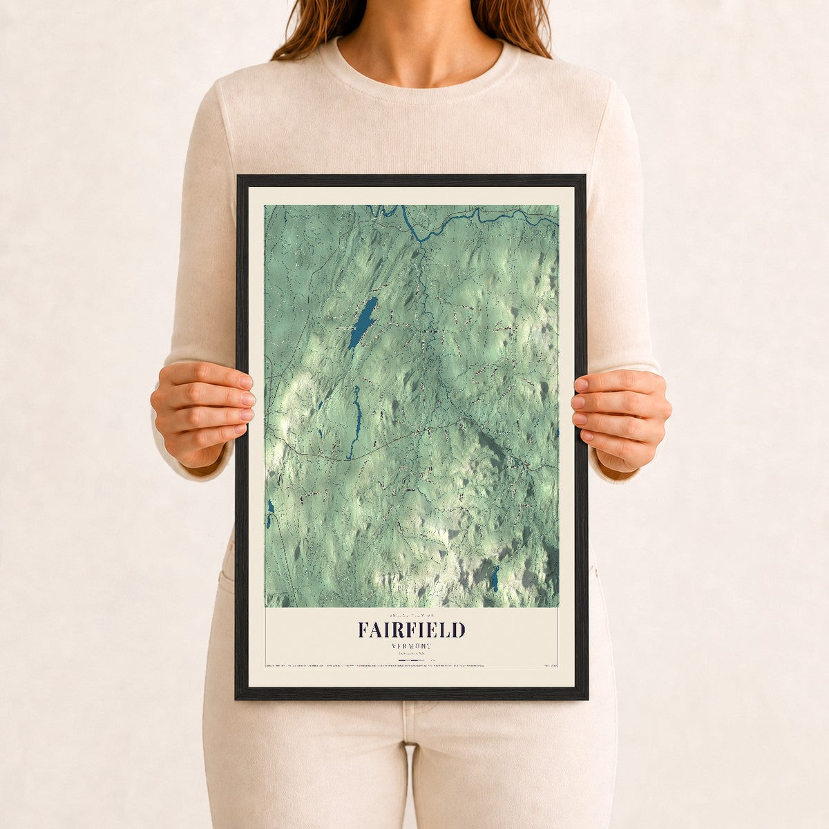 Fairfield, Vermont map print - 12 x 18 black Ayous wood frame