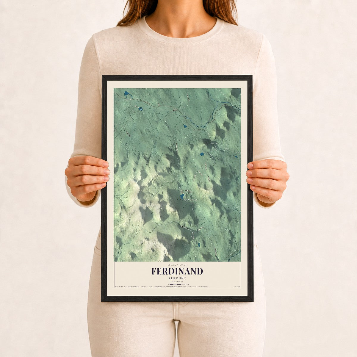 Ferdinand, Vermont map print - 12 x 18 black Ayous wood frame