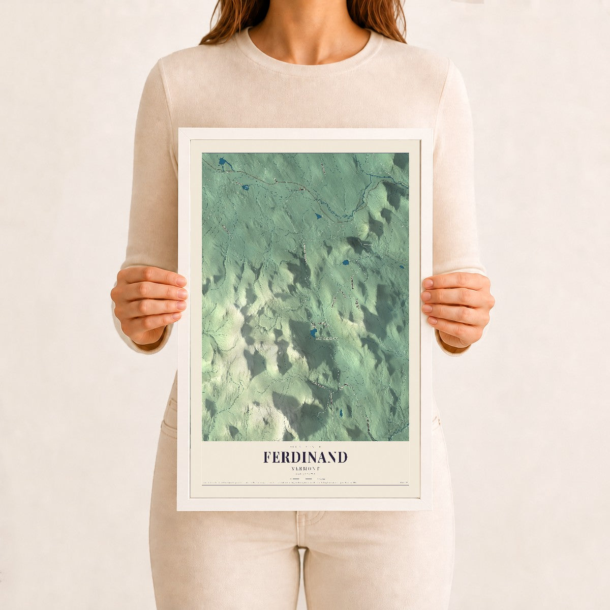 Ferdinand, Vermont map print - 12 x 18 white Ayous wood frame