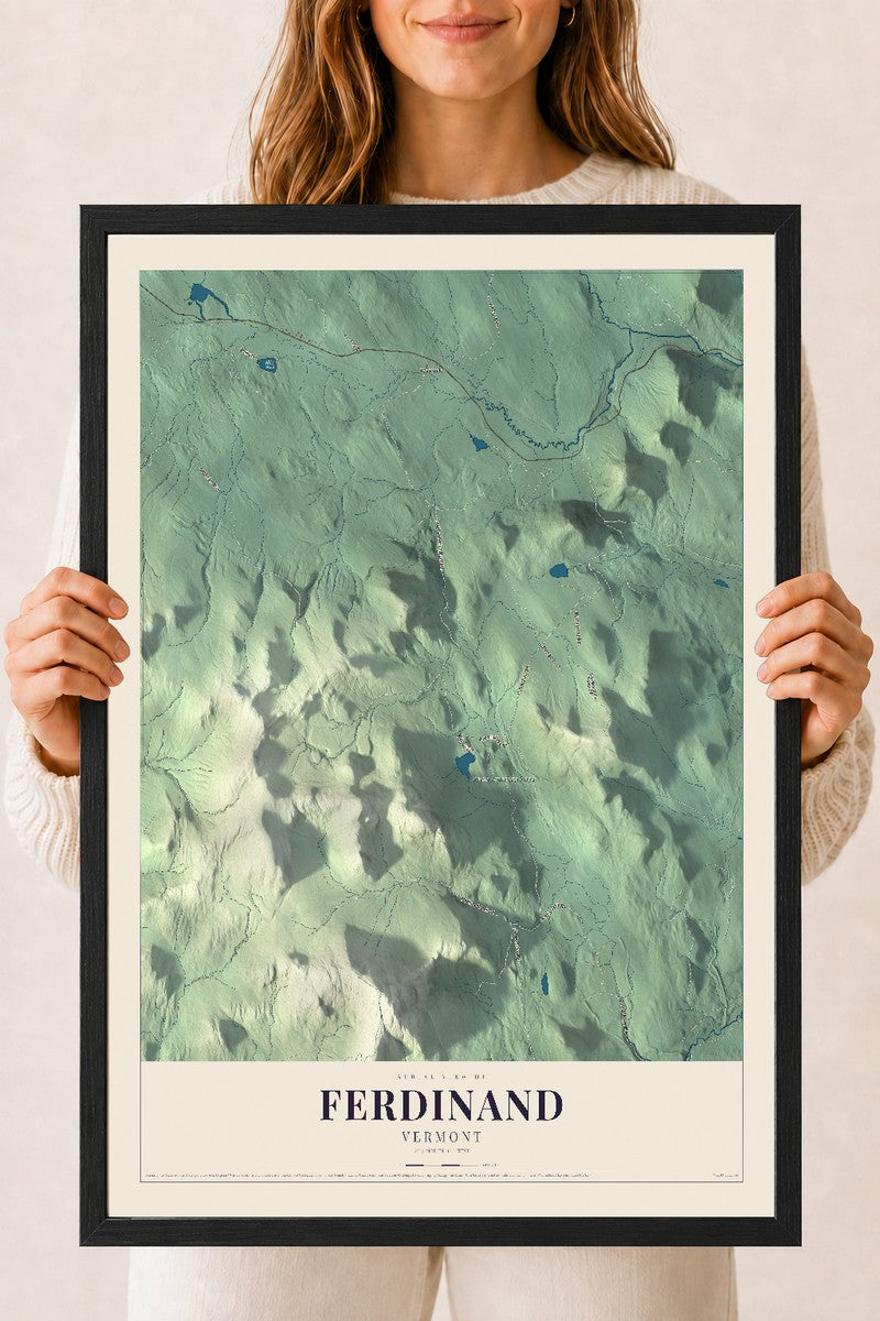 Ferdinand, Vermont map print - 18 x 24 black Ayous wood frame
