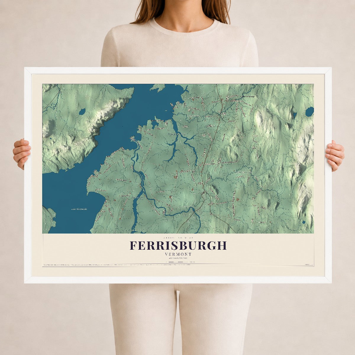 Map of Ferrisburgh, Vermont, 24 x 36 inch print in a white wood frame