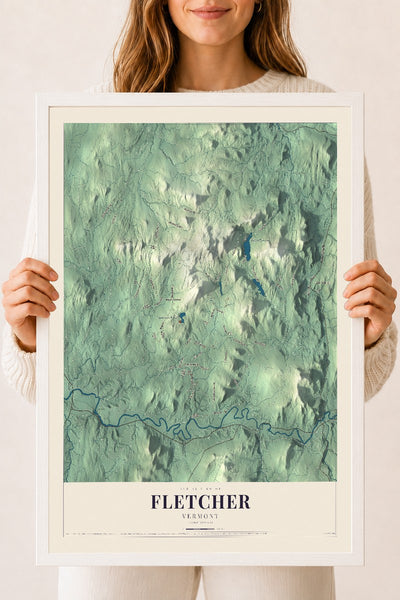 Fletcher, Vermont map print - 18 x 24 white Ayous wood frame