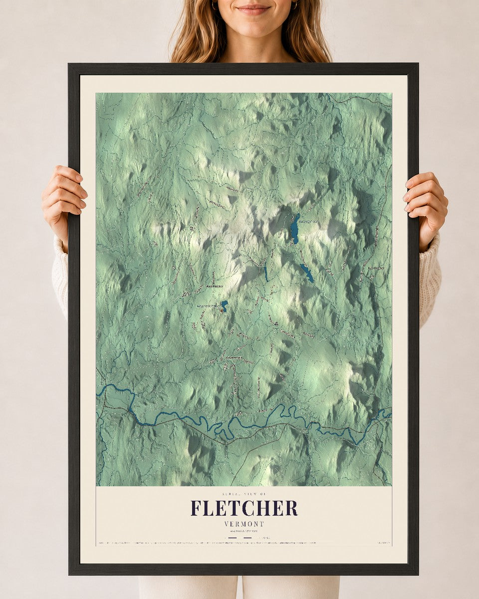 Fletcher, Vermont map print - 24 x 36 black Ayous wood frame