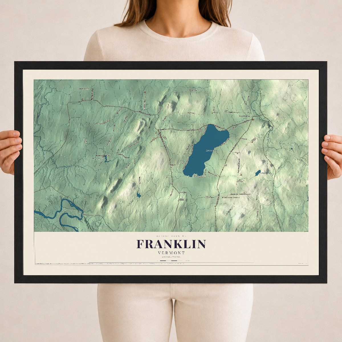 Map of Franklin, Vermont, 18 x 24 inch print in a black wood frame