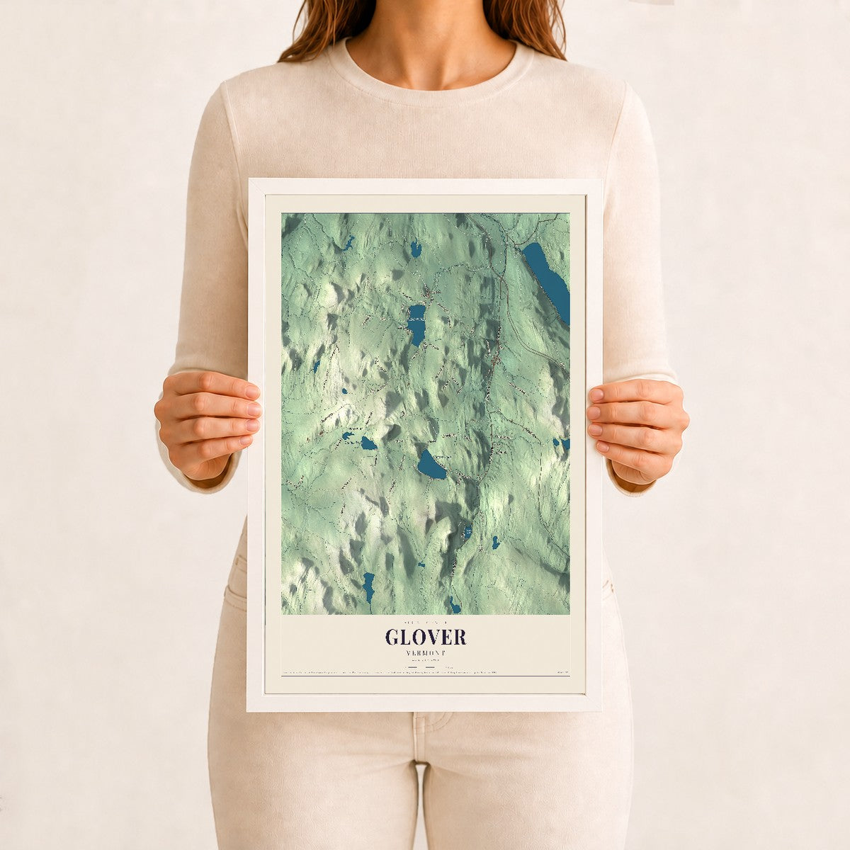 Glover, Vermont map print - 12 x 18 white Ayous wood frame
