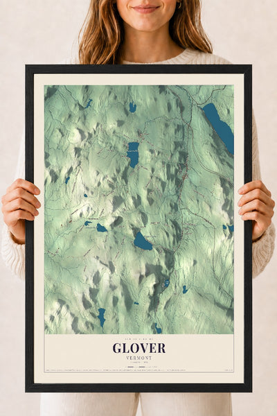 Glover, Vermont map print - 18 x 24 black Ayous wood frame