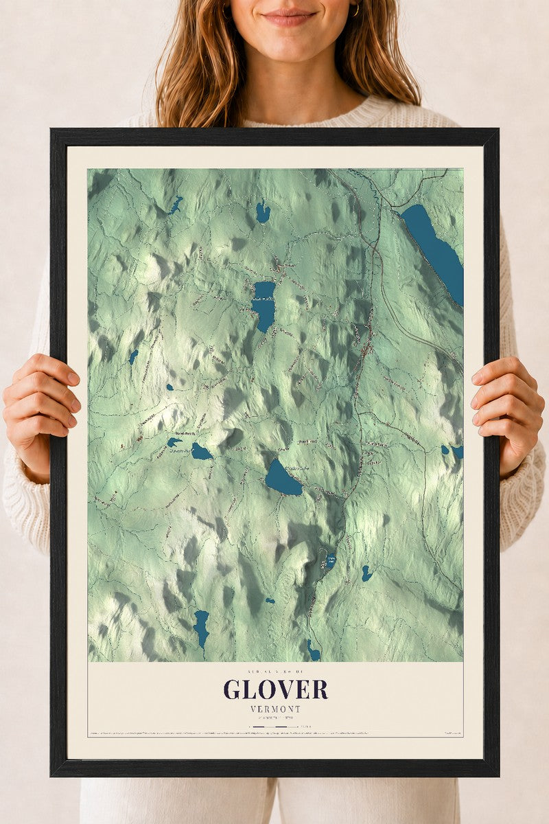 Glover, Vermont map print - 18 x 24 black Ayous wood frame