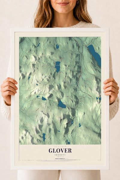 Glover, Vermont map print - 18 x 24 white Ayous wood frame