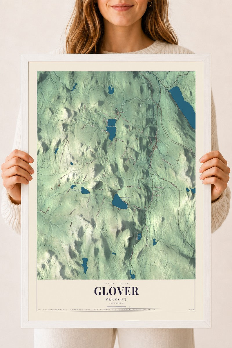 Glover, Vermont map print - 18 x 24 white Ayous wood frame