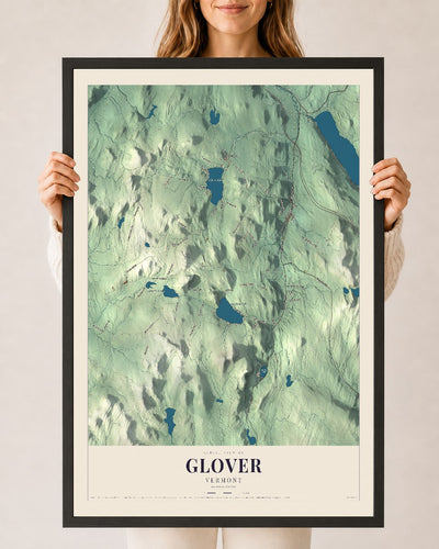 Glover, Vermont map print - 24 x 36 black Ayous wood frame