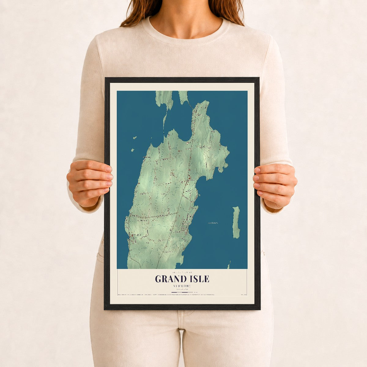 Grand Isle, Vermont map print - 12 x 18 black Ayous wood frame
