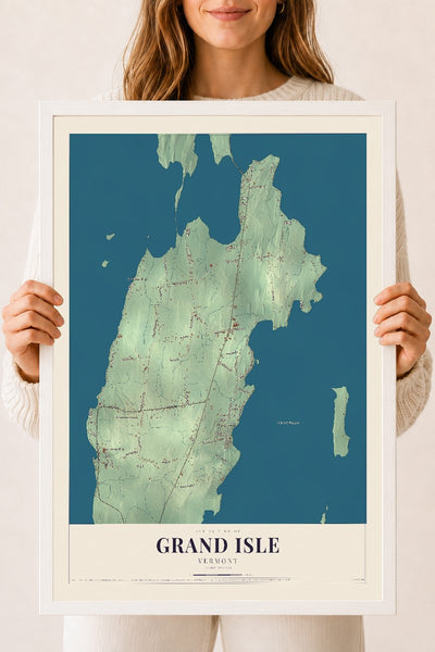 Grand Isle, Vermont map print - 18 x 24 white Ayous wood frame