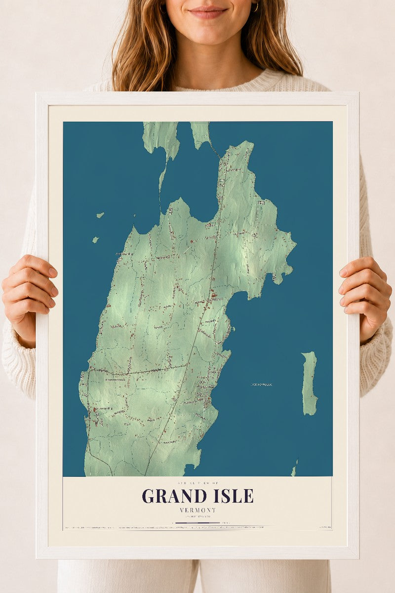 Grand Isle, Vermont map print - 18 x 24 white Ayous wood frame
