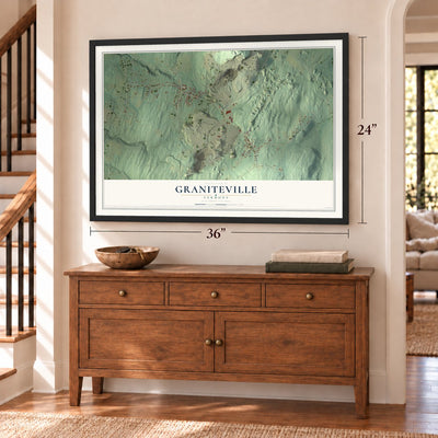 Graniteville, Vermont map, 24 x 36 inch print in a black frame above a dresser by a staircase