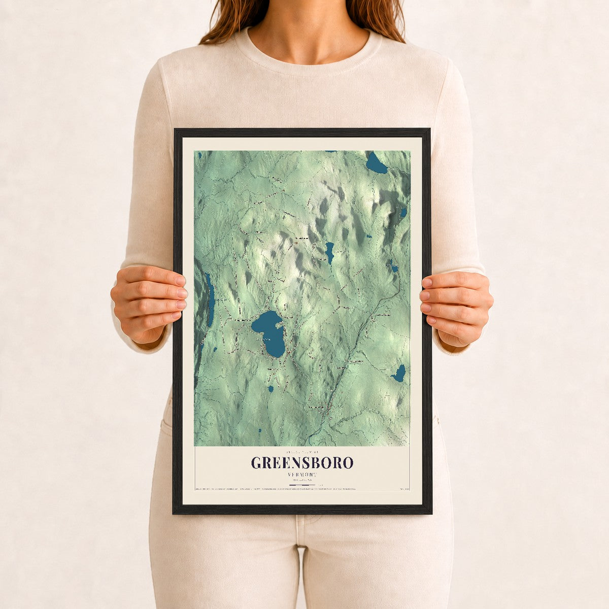 Greensboro, Vermont map print - 12 x 18 black Ayous wood frame