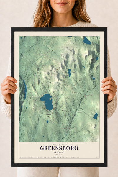 Greensboro, Vermont map print - 18 x 24 black Ayous wood frame