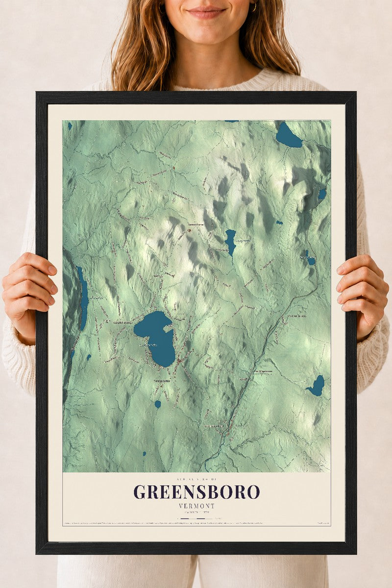 Greensboro, Vermont map print - 18 x 24 black Ayous wood frame