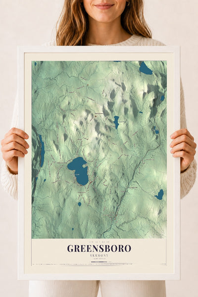 Greensboro, Vermont map print - 18 x 24 white Ayous wood frame