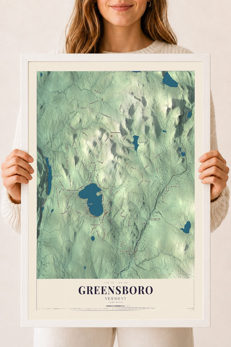 Greensboro, Vermont map print - 18 x 24 white Ayous wood frame
