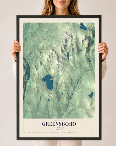 Greensboro, Vermont map print - 24 x 36 black Ayous wood frame