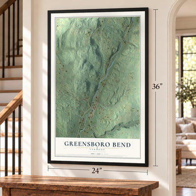 Greensboro Bend, Vermont map, 24 x 36 inch print in a black frame by a staircase