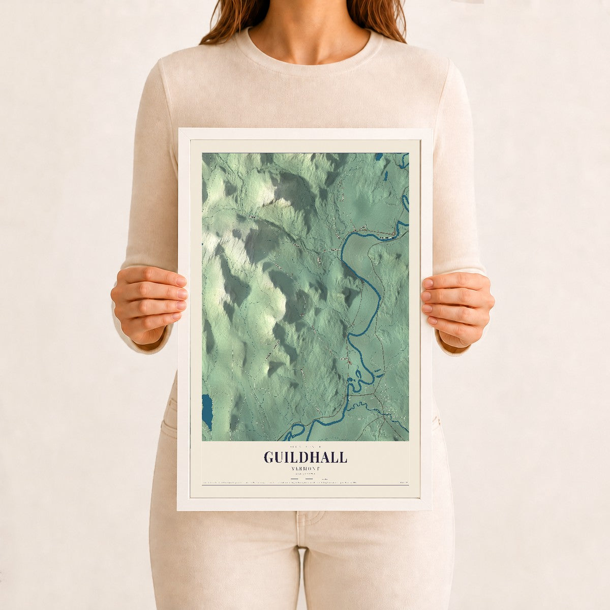 Guildhall, Vermont map print - 12 x 18 white Ayous wood frame