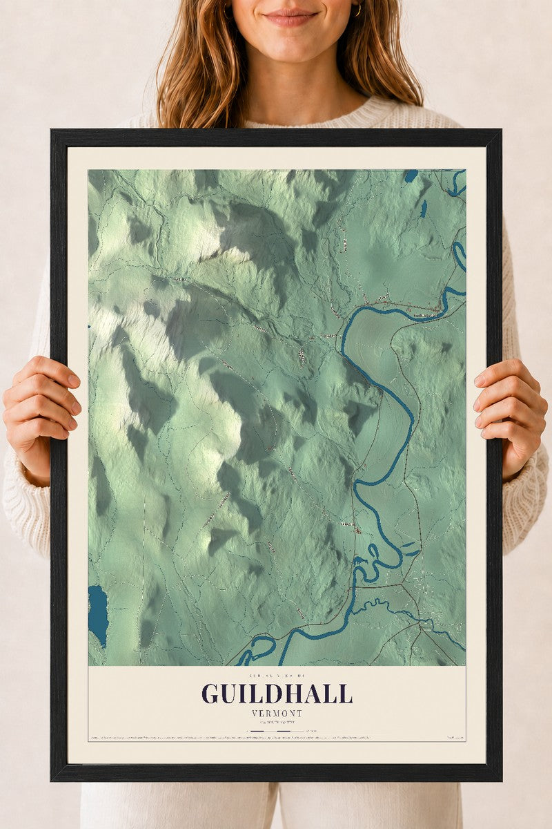 Guildhall, Vermont map print - 18 x 24 black Ayous wood frame