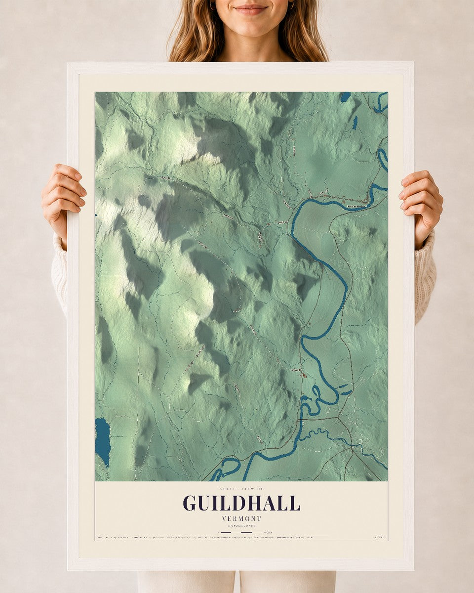Guildhall, Vermont map print - 24 x 36 white Ayous wood frame